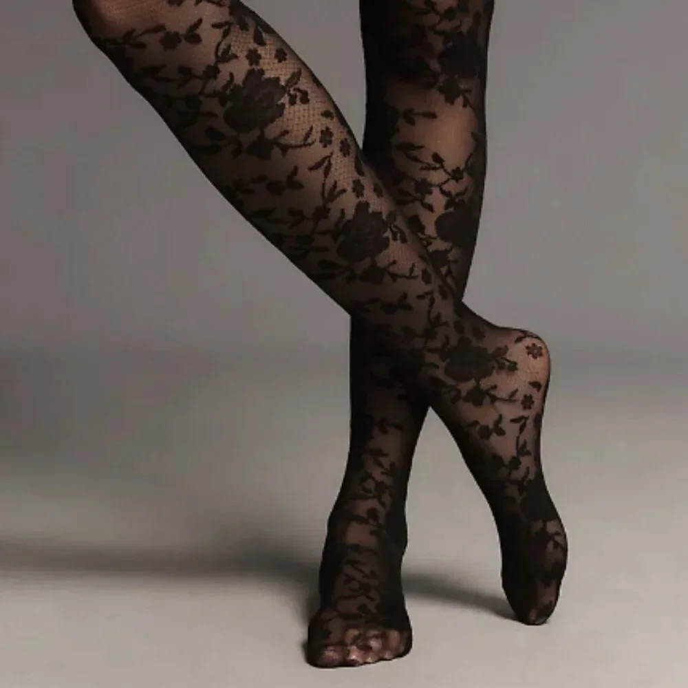 ANTHROPOLOGIE Tulle Rossette Lace Floral Tights Black S L XL Plus NEW - Picture 2 of 3